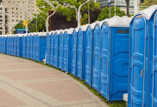 Seasonal porta potty units set up at a Fontana, California venue